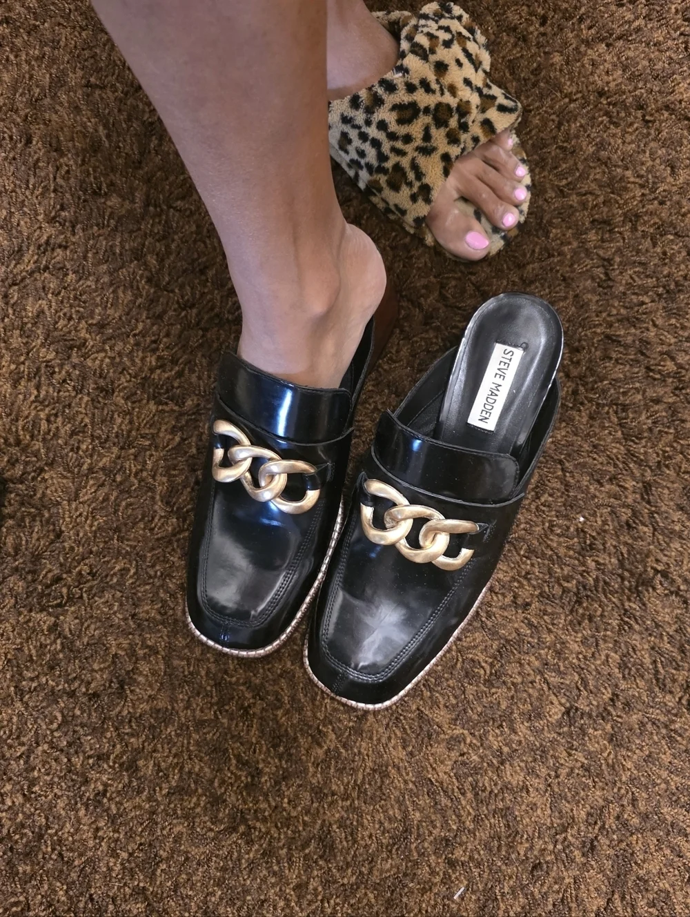 Black Patent Chain-Trim Block Heel Loafers